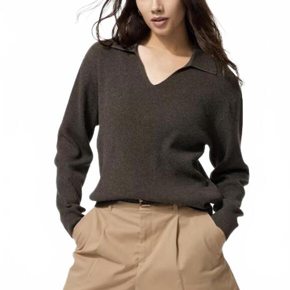 Uniqlo Washable Knit Ribbed Polo Sweater NWT Brown XL - Picture 4 of 9